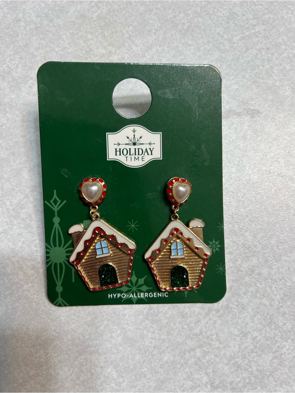 Holiday Time Gold Gingerbread House Earrings - Red & White- NEW